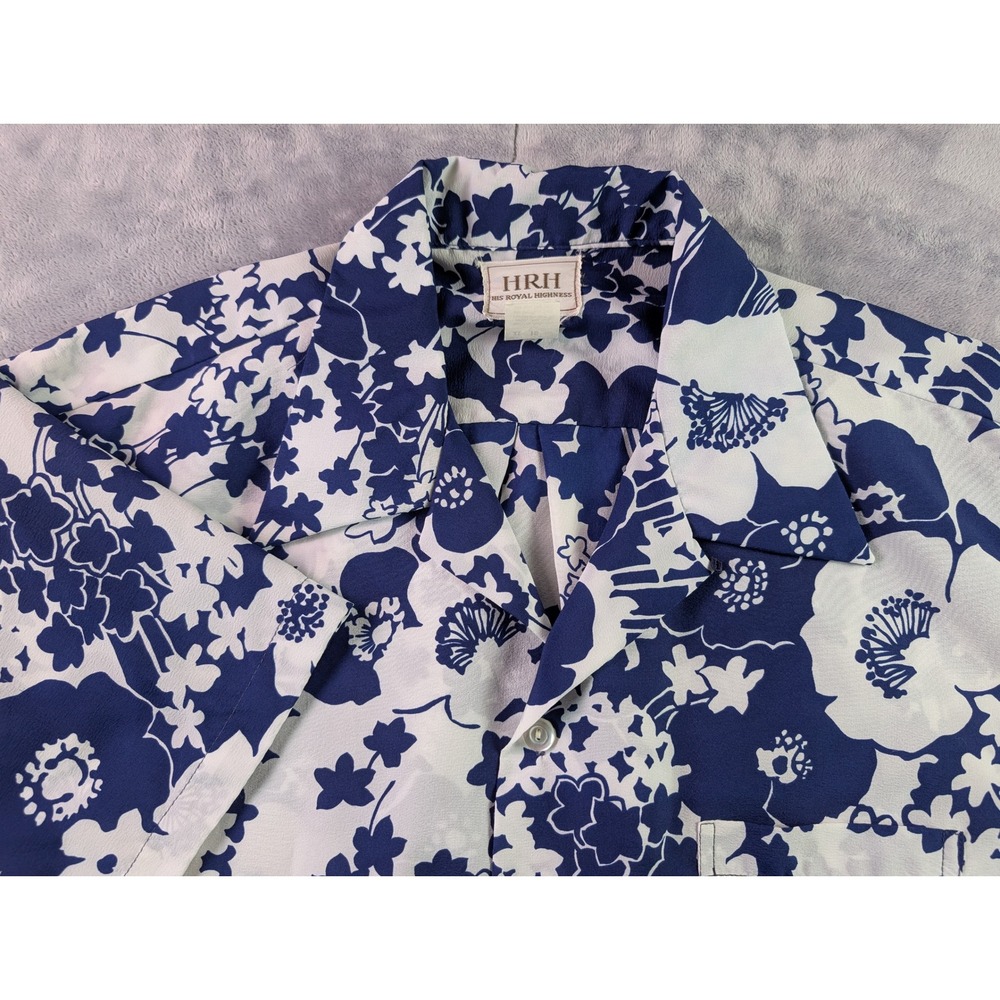 HRH His Royal Highness Hawaii Men's XL Blue White Floral Hawaiian Shirt Vintage